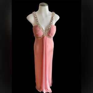 Betsy & Adam Women’s Pink Chiffon Iridescent Beaded/Stones Full Length Gown SZ 4